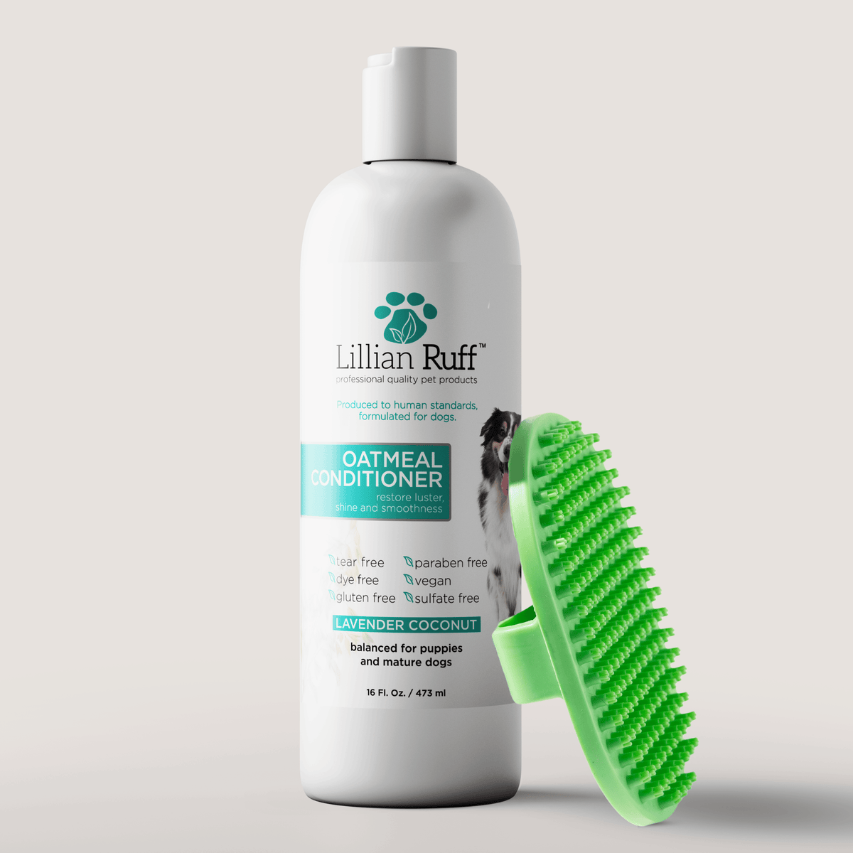 16 oz Oatmeal Conditioner bottle with Pet Bath Brush, Lillian Ruff, sold through Sniff and Shift