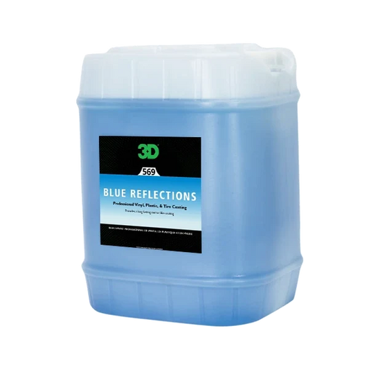 3D Blue Reflections Dressing 5 gallon square pail with blue liquid and black Blue Reflections label