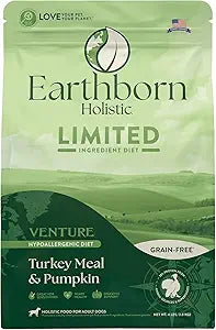 4 and 25 lb bags of Earthborn Holistic Venture Grain Free Turkey & Pumpkin dry dog food