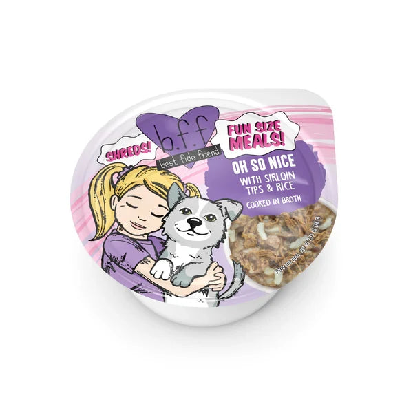 Cup of BFF Oh So Nice beef sirloin tips and rice wet dog food, 2.7oz