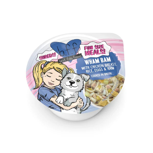 Cup of BFF Wham Bam chicken, rice, egg and ham wet dog food, 2.7oz
