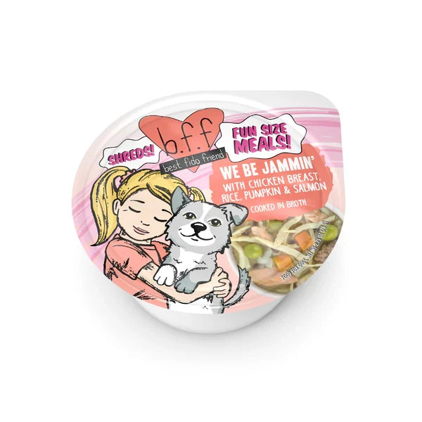 Cup of BFF We Be Jammin' chicken, salmon and rice wet dog food, 2.7oz