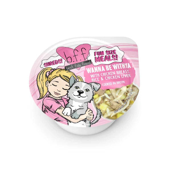 Cup of BFF Wanna Be Withya chicken, rice and liver wet dog food, 2.7oz