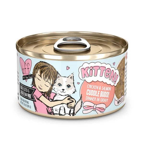 BFF Kitten Cuddle Buds chicken and salmon wet cat food can, 2.8oz
