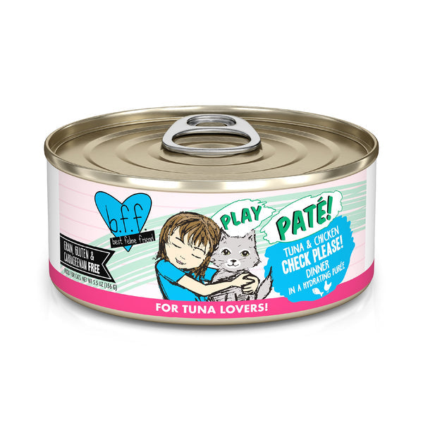 BFF Play Pate Check Please tuna and chicken wet cat food can, 5.5oz