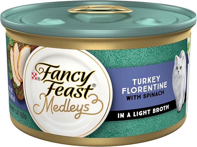 Can of Fancy Feast Medleys Turkey Florentine wet cat food, 3oz