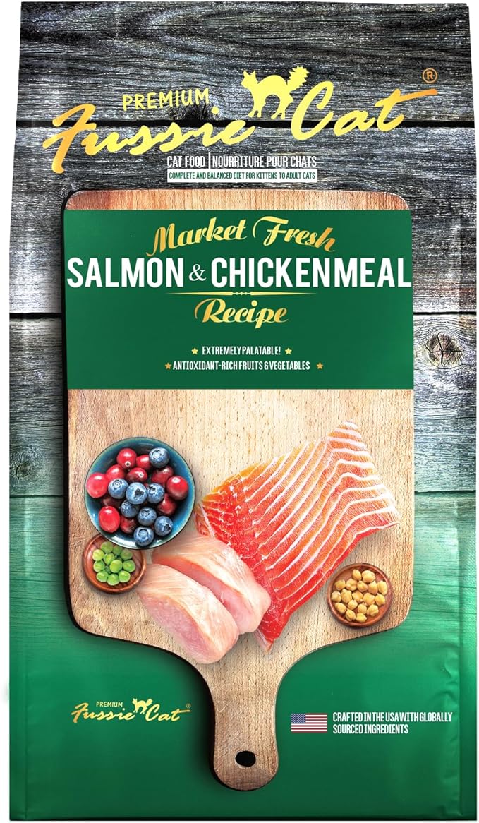 Bag of Fussie Cat Market Fresh Salmon &amp; Chicken dry cat food, 3.5lb size.