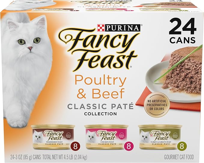Fancy Feast Classic Pate variety pack, 24 x 3oz cans, Beef Chicken and Turkey