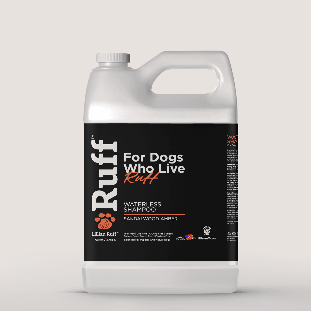 Gallon jug of Waterless Shampoo in Sandalwood Amber, Lillian Ruff, sold through Sniff and Shift