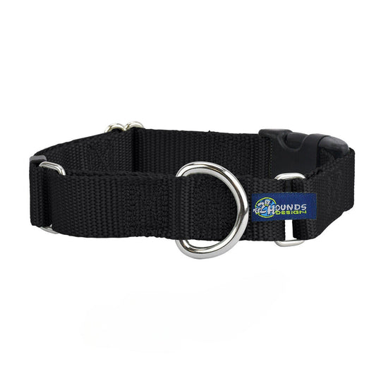 Black Nylon Buckle Martingale Dog Collar 5/8″ and 1″ by 2 Hounds Design, sold through Sniff and Shift