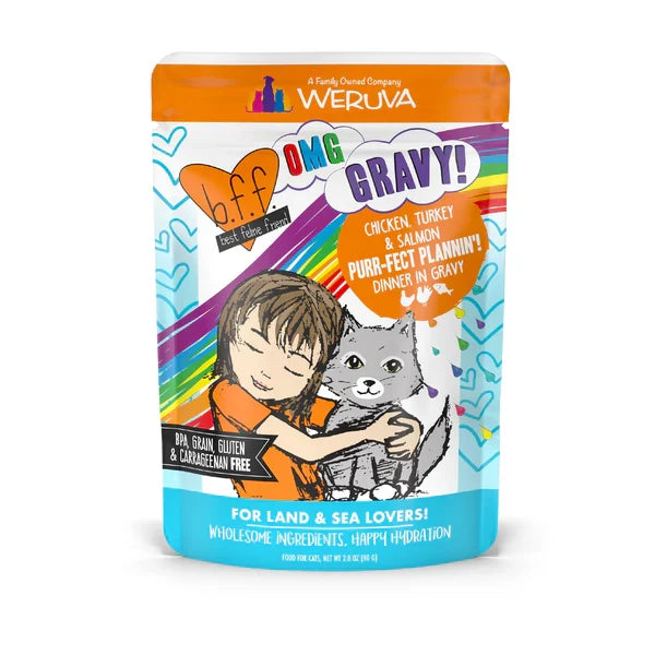 BFF OMG Purr-fect Plannin chicken, turkey and salmon wet cat food pouch, 2.8oz