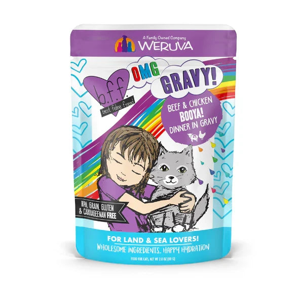 BFF OMG Booya beef and chicken wet cat food pouch, 2.8oz