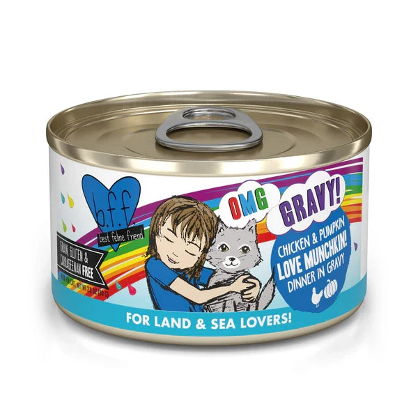 BFF OMG Love Munchkin chicken and pumpkin wet cat food can, 5.5oz