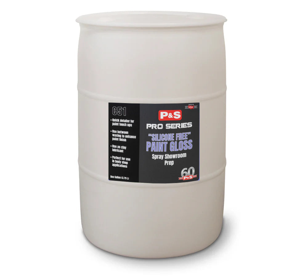P&S Paint Gloss 55 gallon white drum with the Pro Series 651 Silicone Free Paint Gloss Spray Showroom Prep label