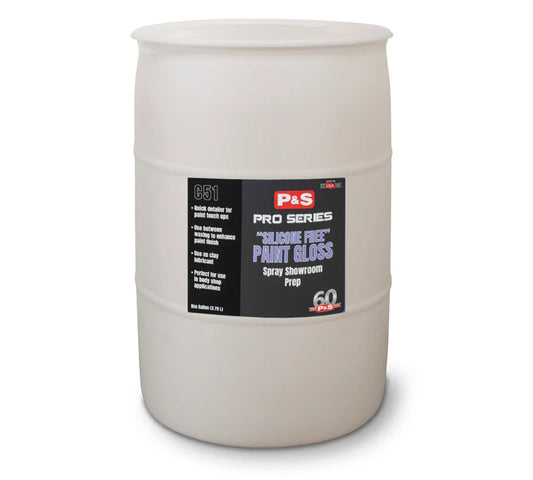 P&S Paint Gloss 55 gallon white drum with the Pro Series 651 Silicone Free Paint Gloss Spray Showroom Prep label