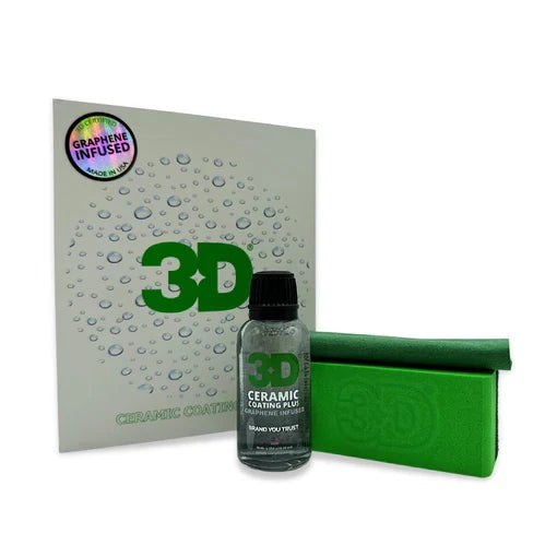 3D Ceramic Coating Plus kit with small coating bottle, green foam applicator block and graphene infused packaging card