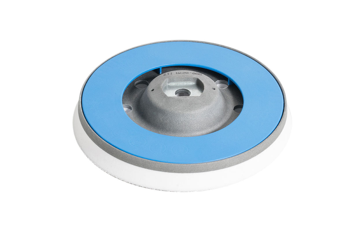 RUPES 980.027N backing plate, 5 inch white hook and loop face with a blue foam edge and a gray metal hub with M8 thread