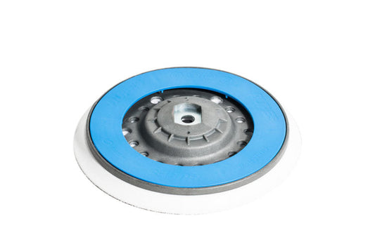 RUPES 981.321N backing plate, 6 inch white hook and loop face with a blue foam edge and a gray metal hub with M8 thread