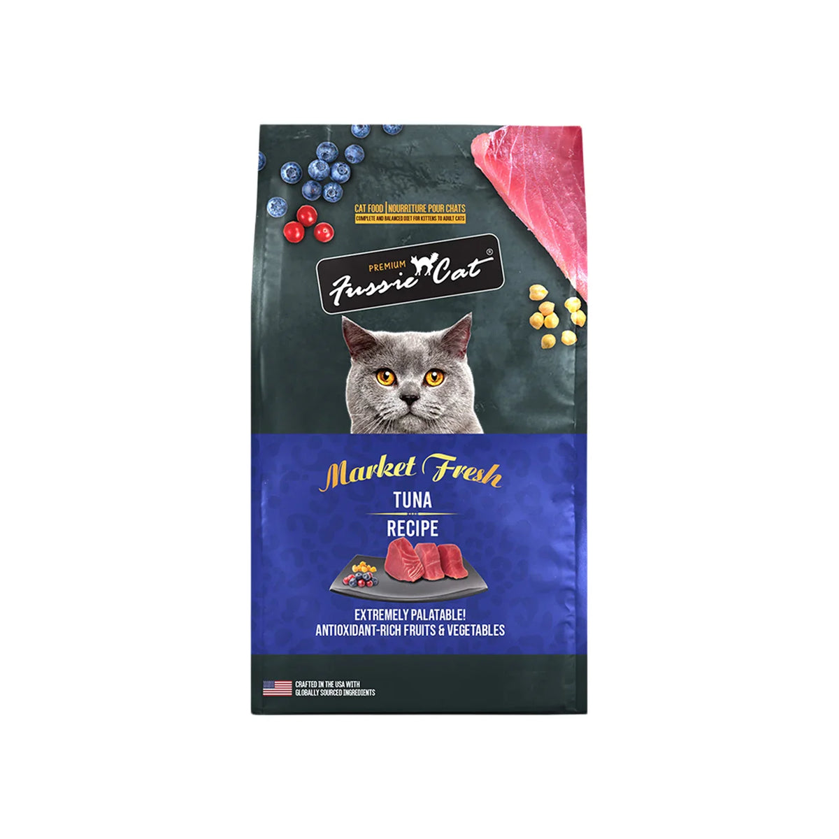 Bag of Fussie Cat Market Fresh Tuna dry cat food, 3.5lb size.