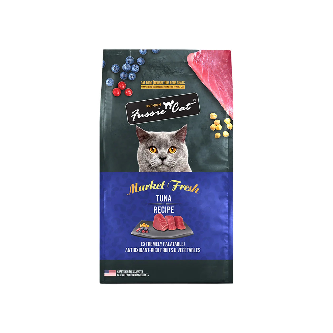 Bag of Fussie Cat Market Fresh Tuna dry cat food, 3.5lb size.