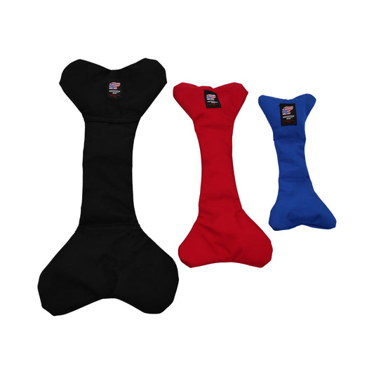 Bad To Da Bone dog toy by American Dog, royal blue red and black ballistic bones