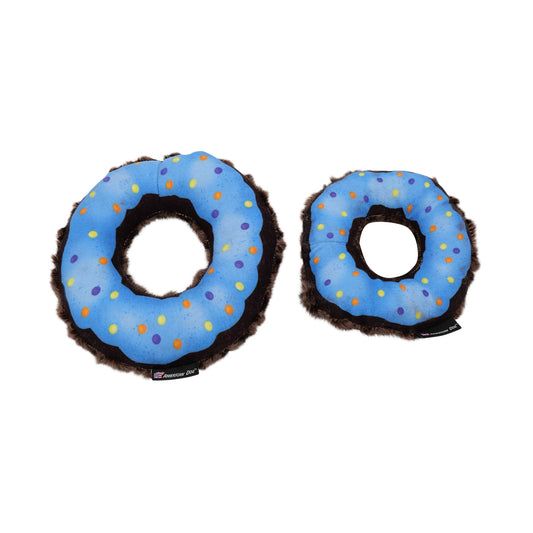 Nuggle Donut dog toy by American Dog in blue and brown minky fleece