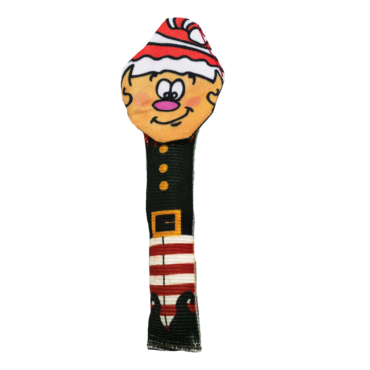 Fire Hose Elf Tug dog toy by American Dog, an elf shaped fire hose tug with a 1000D nylon loop handle