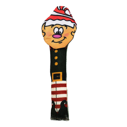 Fire Hose Elf Tug dog toy by American Dog, an elf shaped fire hose tug with a 1000D nylon loop handle