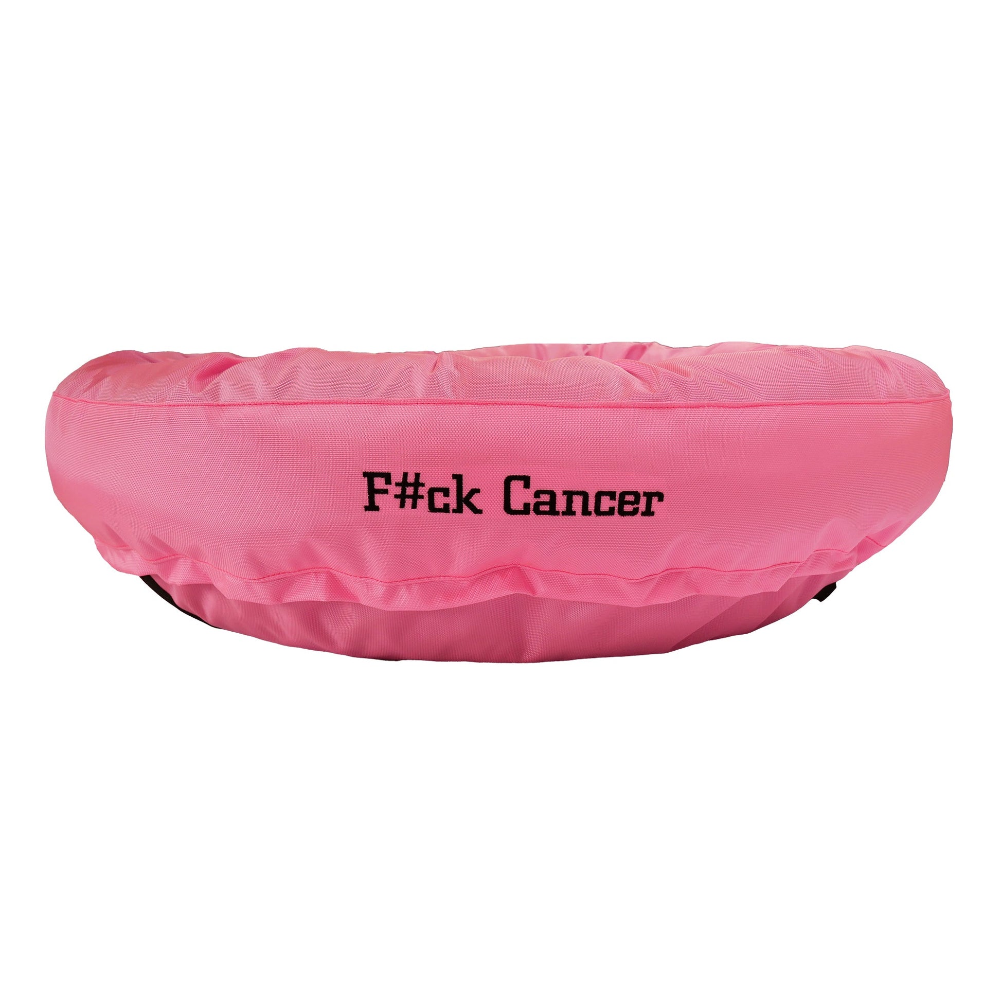 Round Bolstered Armor 'F#ck Cancer' dog bed by American Dog in pink 1680D nylon ballistic fabric