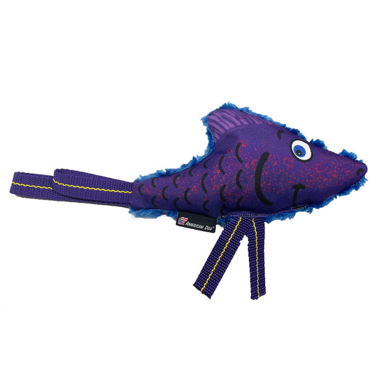 Flyin' Fish dog toy by American Dog with a 1000D nylon front and soft minky fleece back