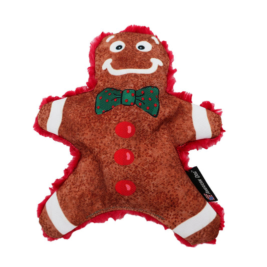 Gingy dog toy by American Dog, tan and brown gingerbread man with a fleece back