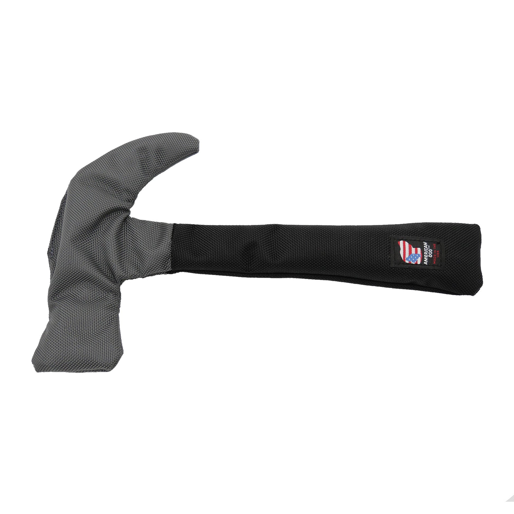 Hammer dog toy by American Dog, gray and black ballistic hammer shape