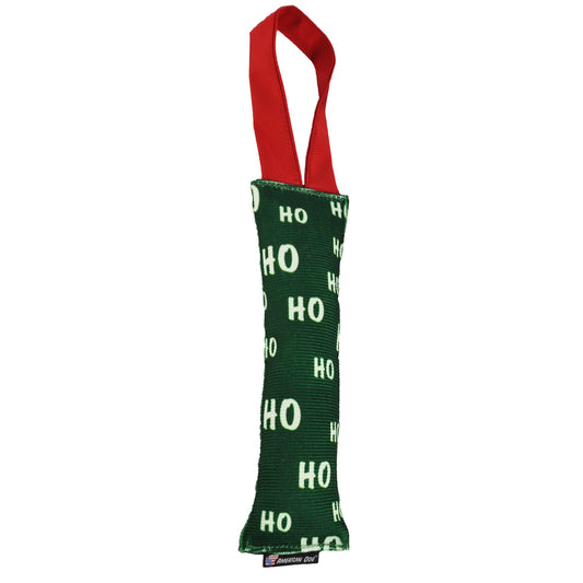 Fire Hose HoHoHo Dog Toy Tug by American Dog in genuine fire hose fabric with a red holiday HoHoHo print