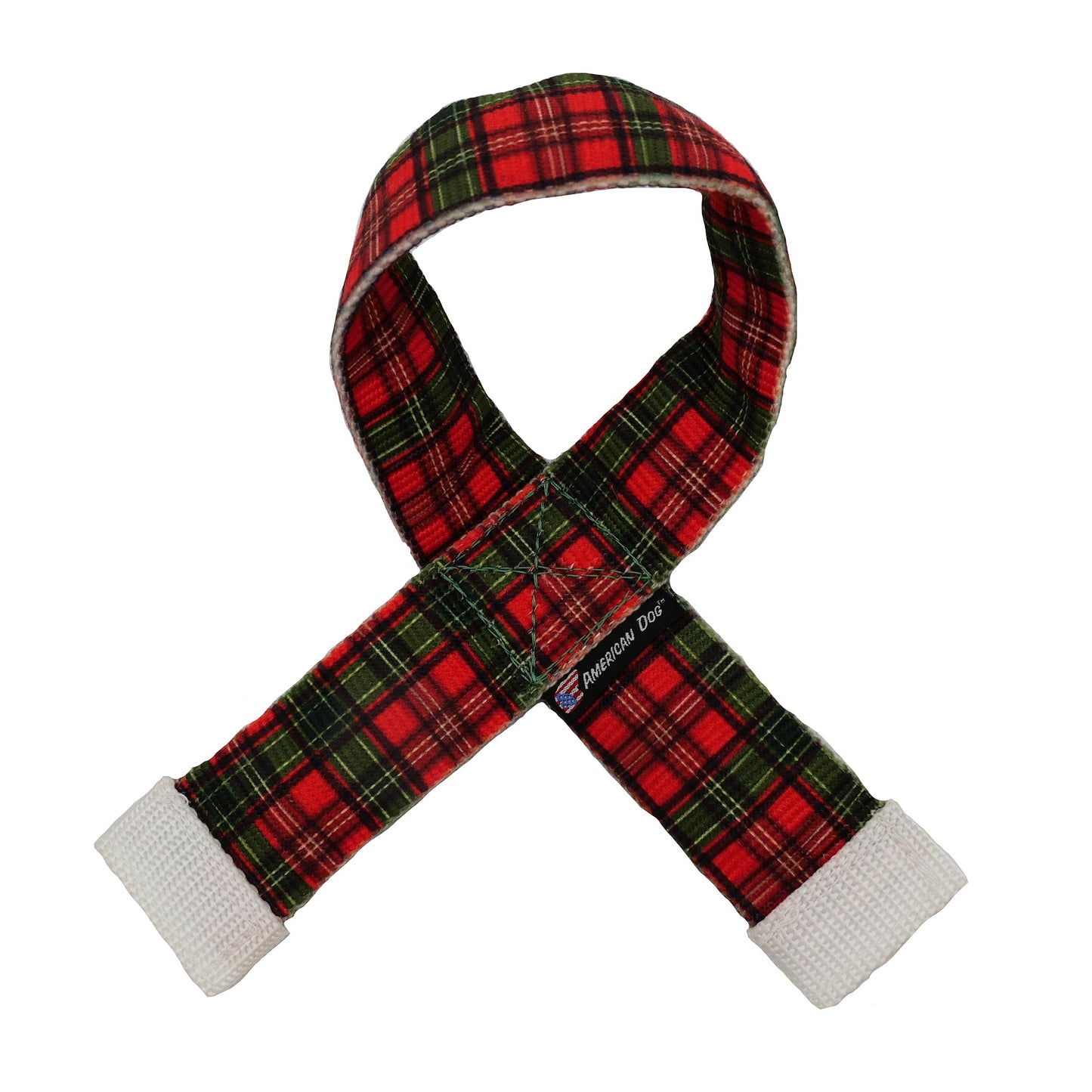 Fire Hose Holiday Scarf Tug dog toy by American Dog, red and green plaid fire hose