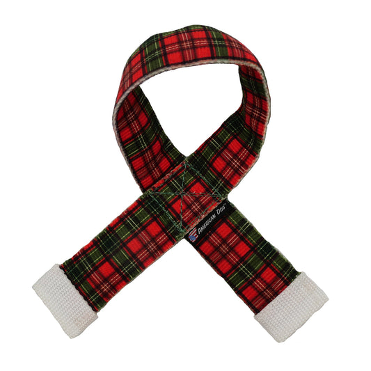Fire Hose Holiday Scarf Tug dog toy by American Dog, red and green plaid fire hose