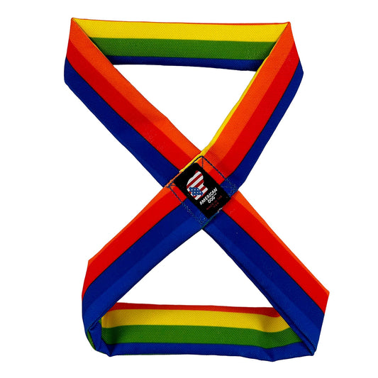 Rainbow Infinity Tug dog toy by American Dog, a rainbow figure eight tug in 1680 ballistic fabric