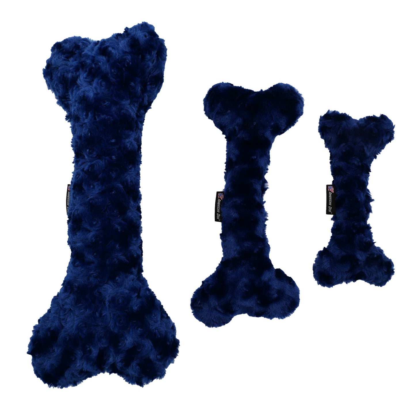 Nuggle Bones dog toy by American Dog, navy blue minky fleece bone