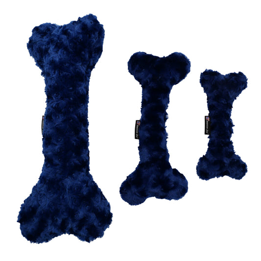 Nuggle Bones dog toy by American Dog, navy blue minky fleece bone