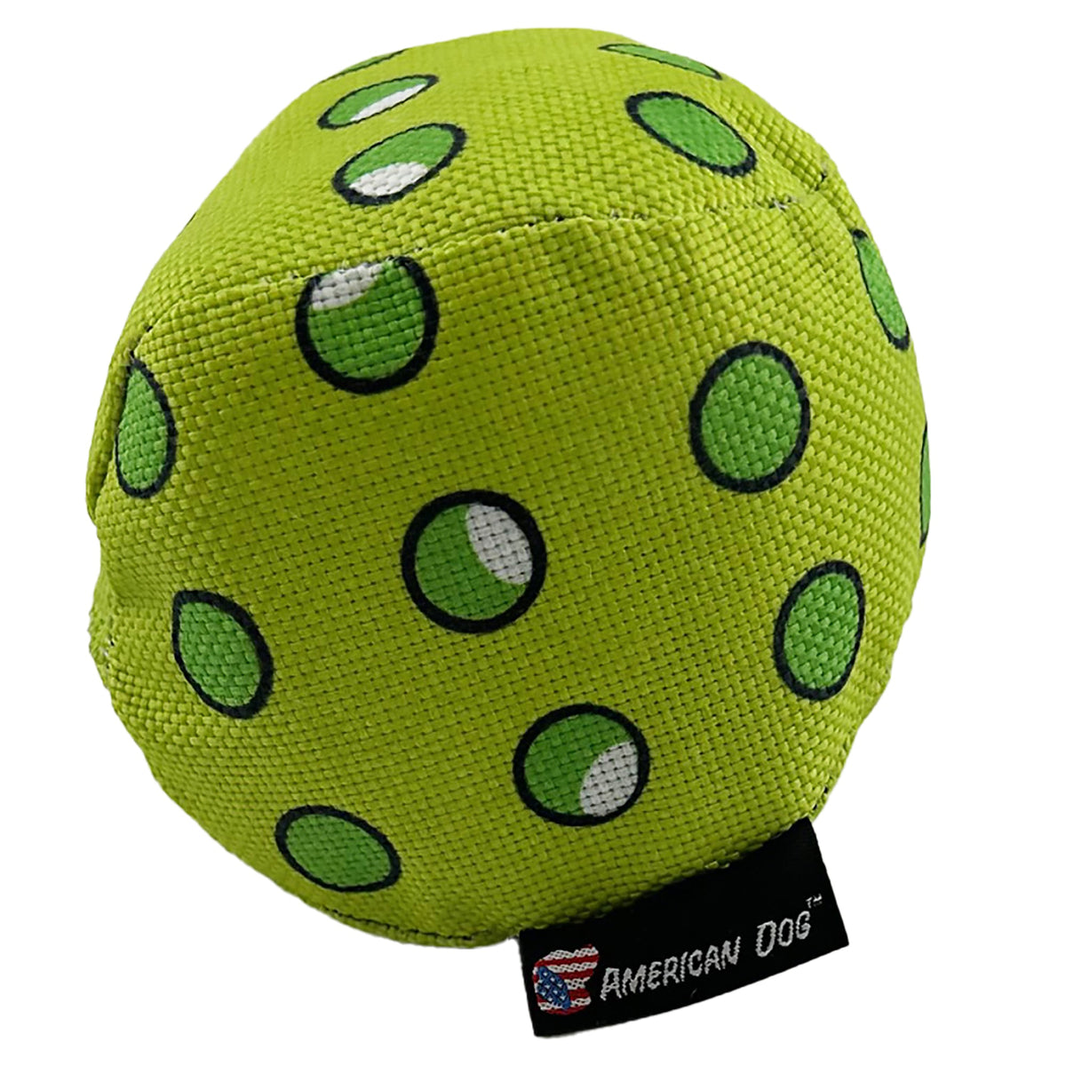 Pickle Ball dog toy by American Dog, a green squeaky fetch ball in 1000D fabric