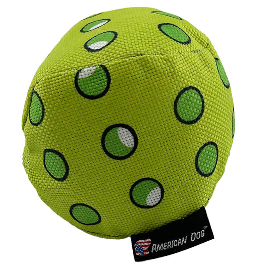 Pickle Ball dog toy by American Dog, a green squeaky fetch ball in 1000D fabric