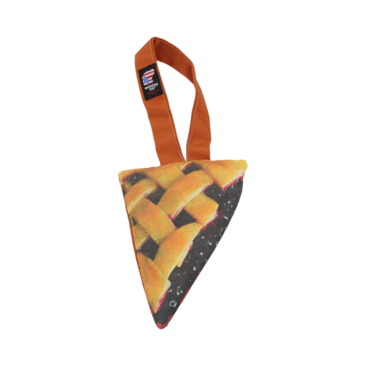 Pie Tug dog toy by American Dog, a pie slice shaped ballistic tug with a loop handle