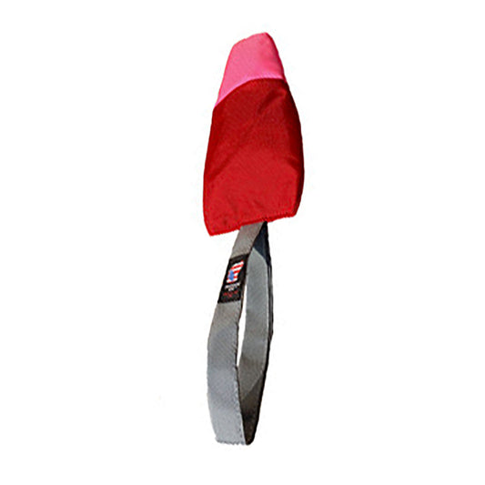 Lucky Dog Pupsicle Tug dog toy by American Dog in pink and red ballistic fabric with a silver handle