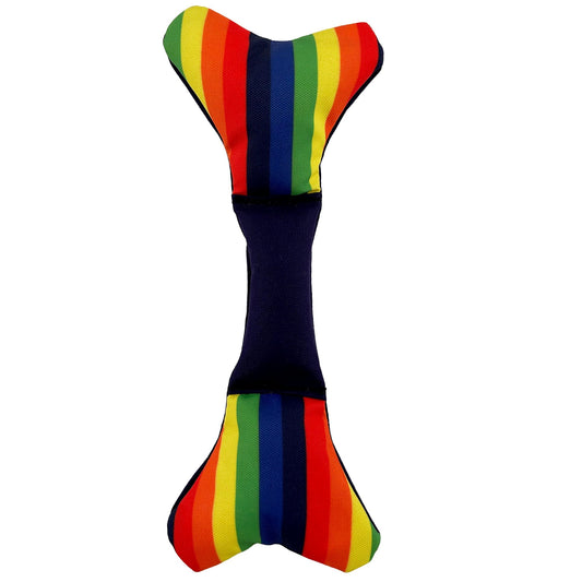 Rainbow DaBone dog toy by American Dog, a rainbow colored 1000D nylon squeaky bone