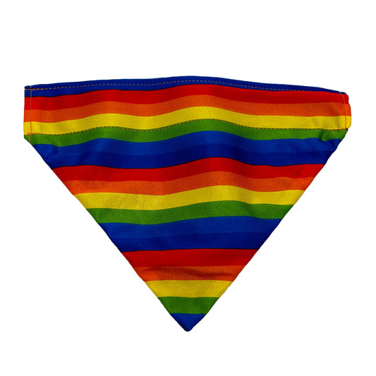 Slip on dog bandana by American Dog in the rainbow striped print