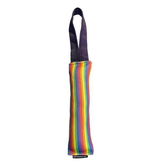 Fire Hose Rainbow Dog Toy Tug by American Dog, a rainbow print genuine fire hose tug with a ballistic handle