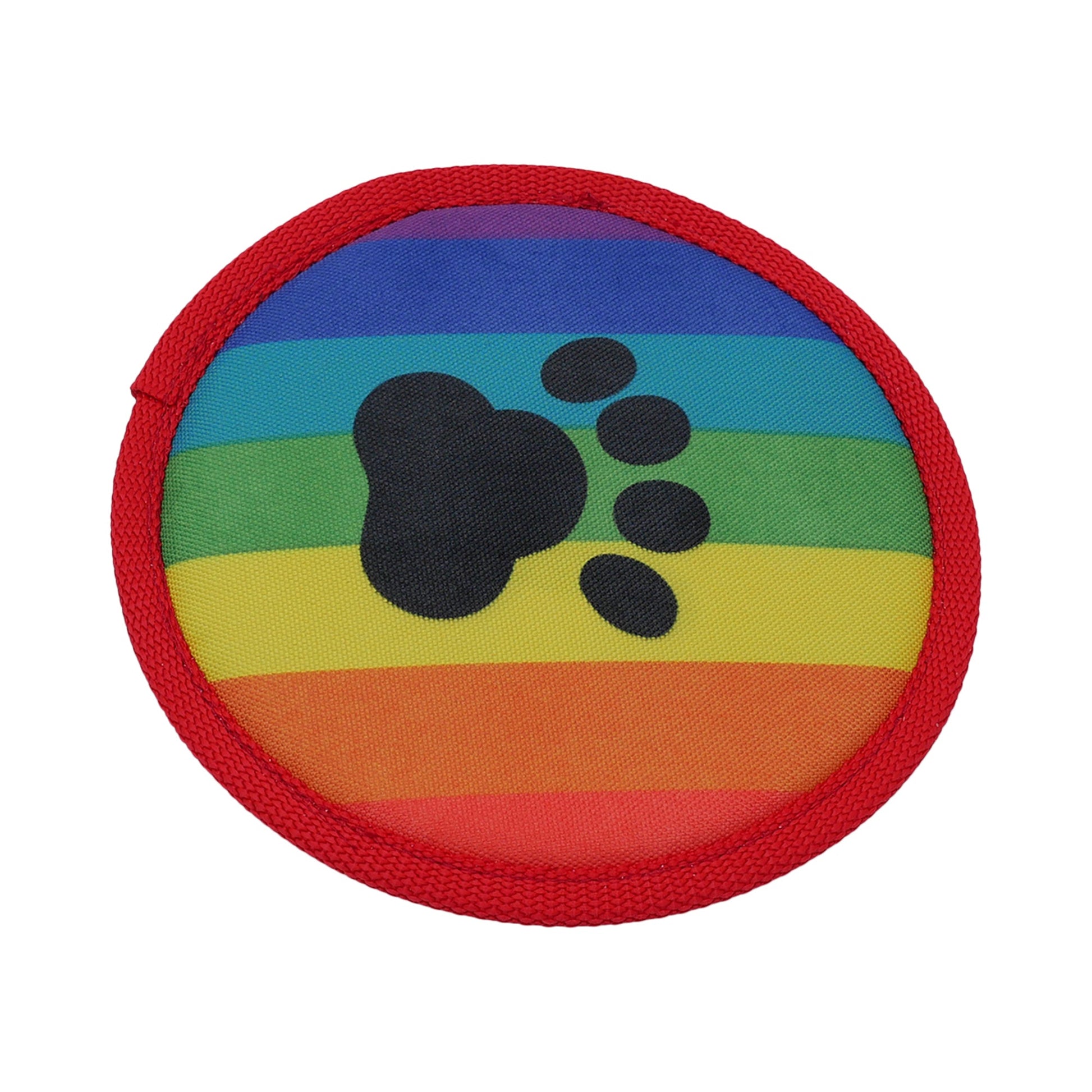 Rainbow Flyer dog toy by American Dog, an eight inch rainbow striped disc sewn from 1000D nylon
