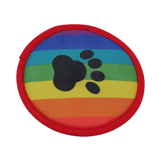 Rainbow Flyer dog toy by American Dog, an eight inch rainbow striped disc sewn from 1000D nylon