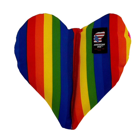 Rainbow Furever Hearts dog toy by American Dog in rainbow striped 1000D nylon