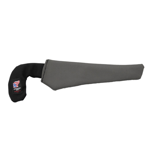 Saw dog toy by American Dog, gray and black ballistic saw shape