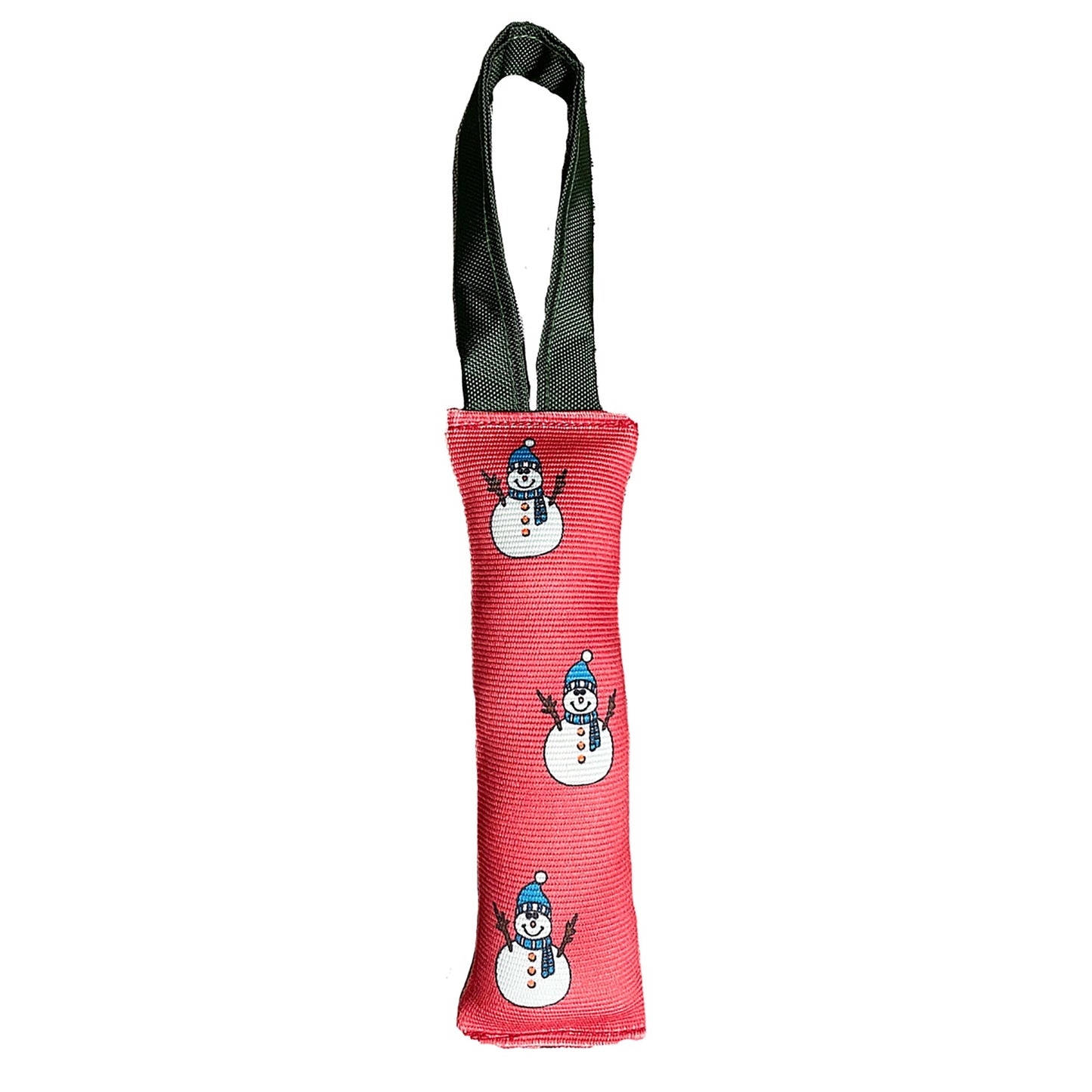 Fire Hose Snowman Dog Toy Tug by American Dog in genuine fire hose fabric with a snowman winter print